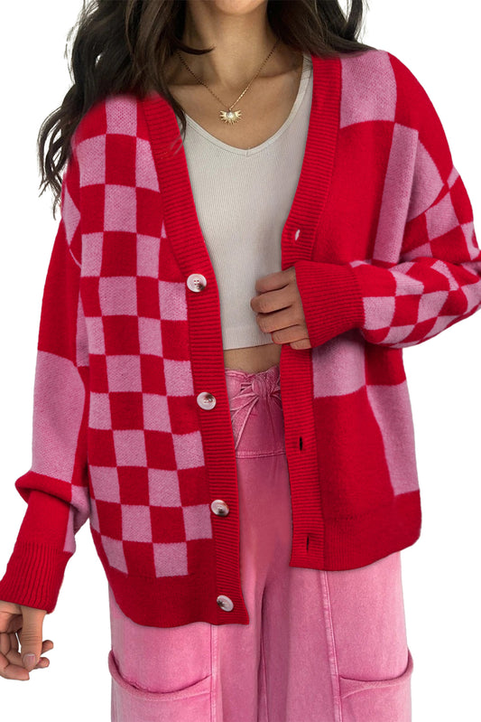 Fiery Red Colorblock Plaid Button Knit Cardigan