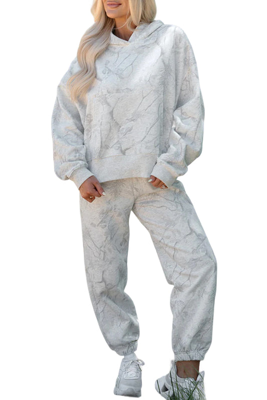 Light Grey Camo Print Loose Drop Sleeve Hoodie and Pants Set