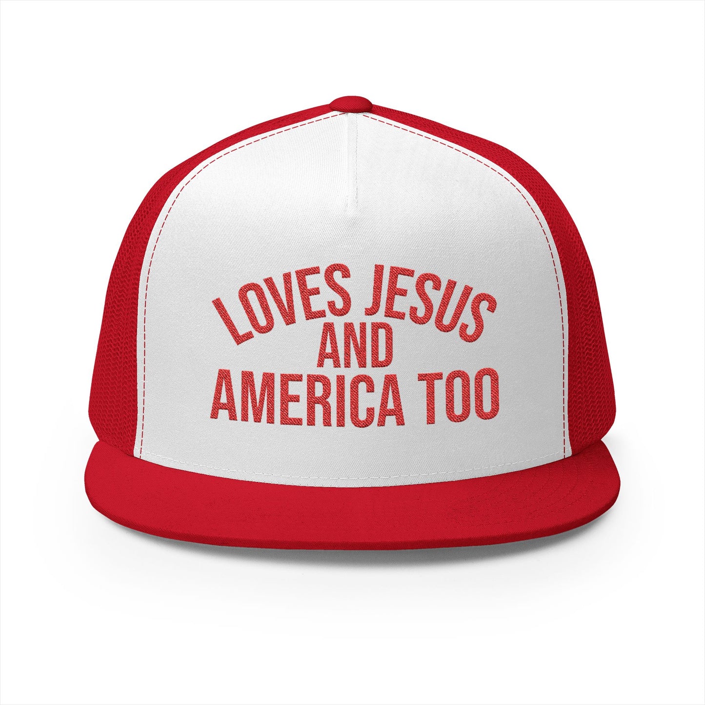 Loves Jesus and America Too  Patriotic Faith Mesh Cap