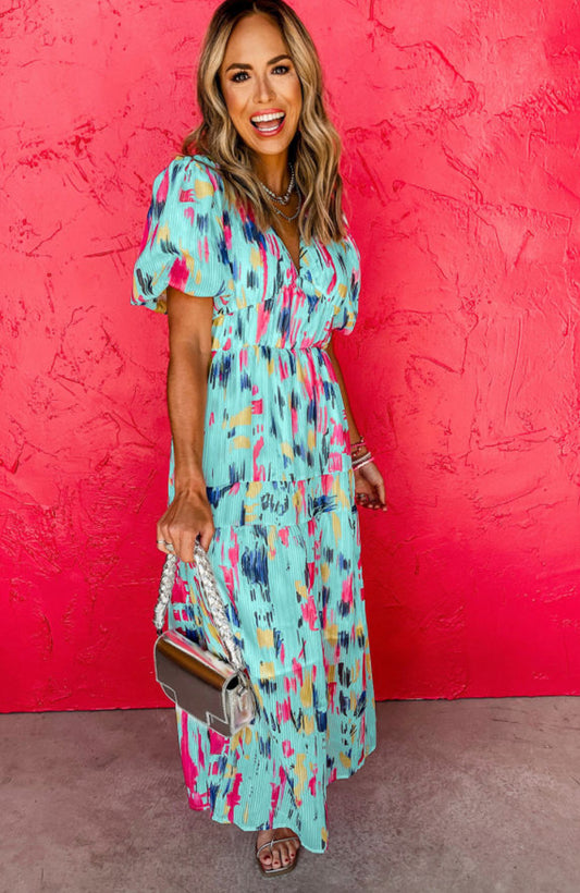 Puff Sleeve Abstract Print Tiered Maxi Dress