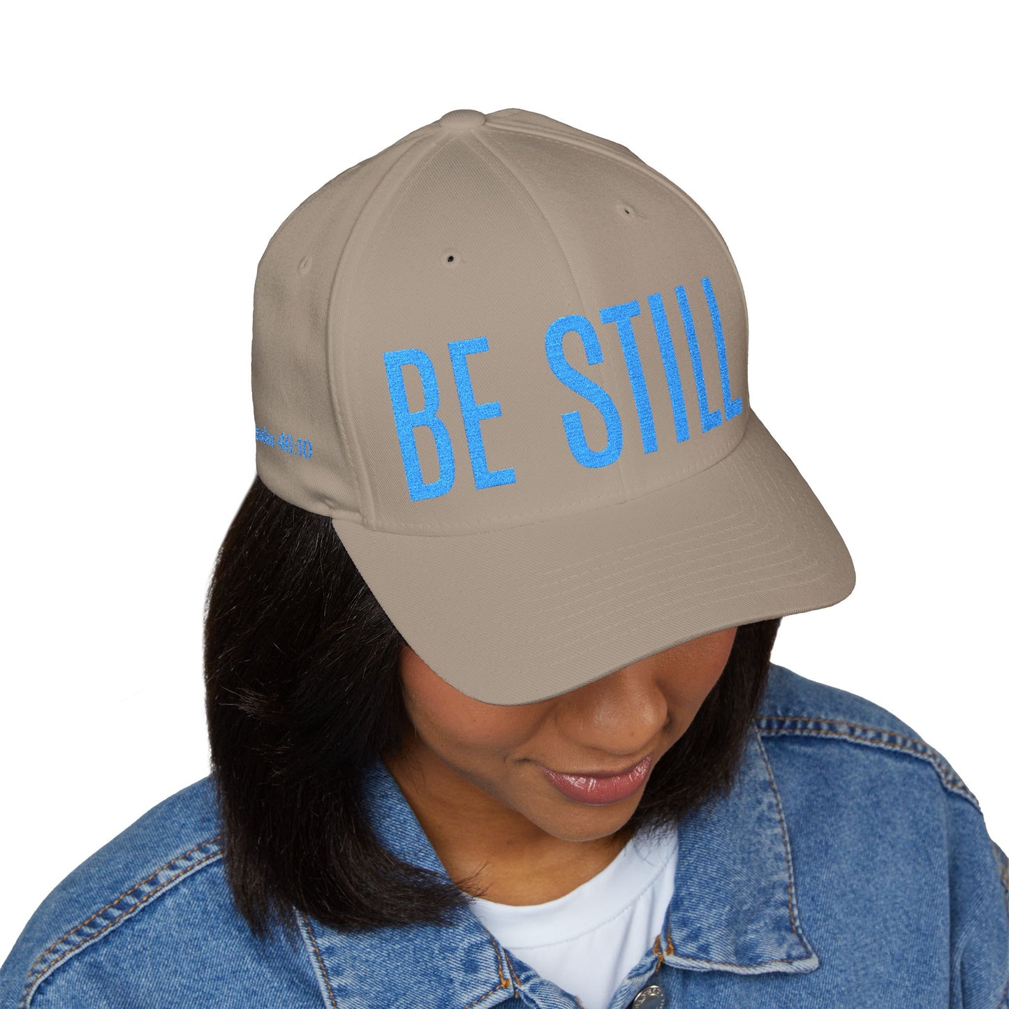 Embroidered 'BE STILL' Baseball Cap — White Relaxation Hat