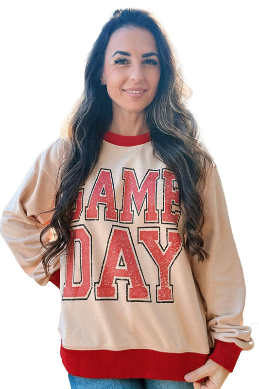 Oatmeal GAME DAY Letter Contrast Trim Baggy Sweatshirt
