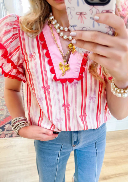 Pink and Red V-neck Bow Blouse