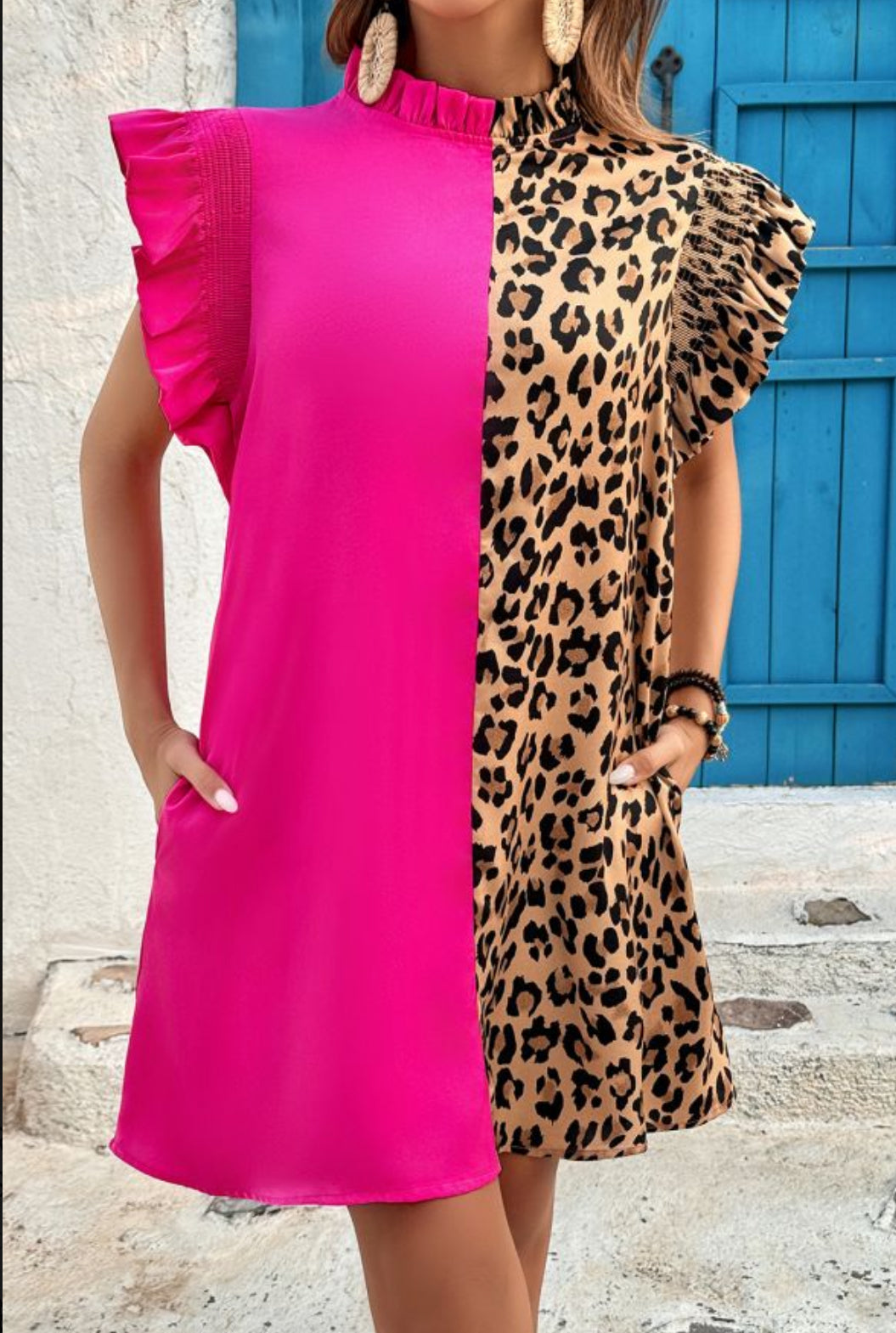 Hot Pink and Leopard contrast Ruffled Sleeve Mini Dress