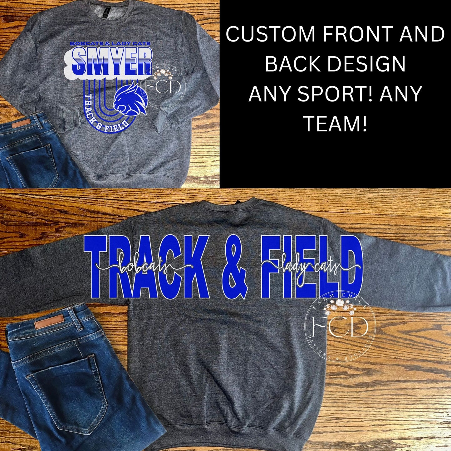 CUSTOM CREWNECK SWEATSHIRT WITH OVERSIZED TRACK AND FIELD PRINT