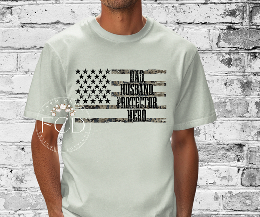Dad, Husband, Protector Camo Flag Tee