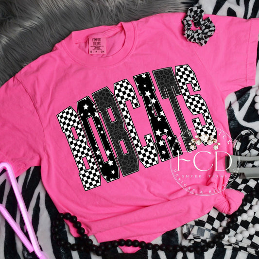 Neon Pink and Black Bobcats Comfort Colors Tee