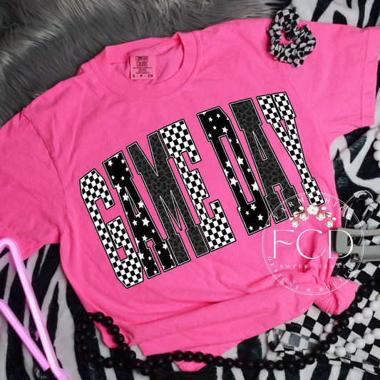Neon Pink and Black Game Day Tee Youth and Adult