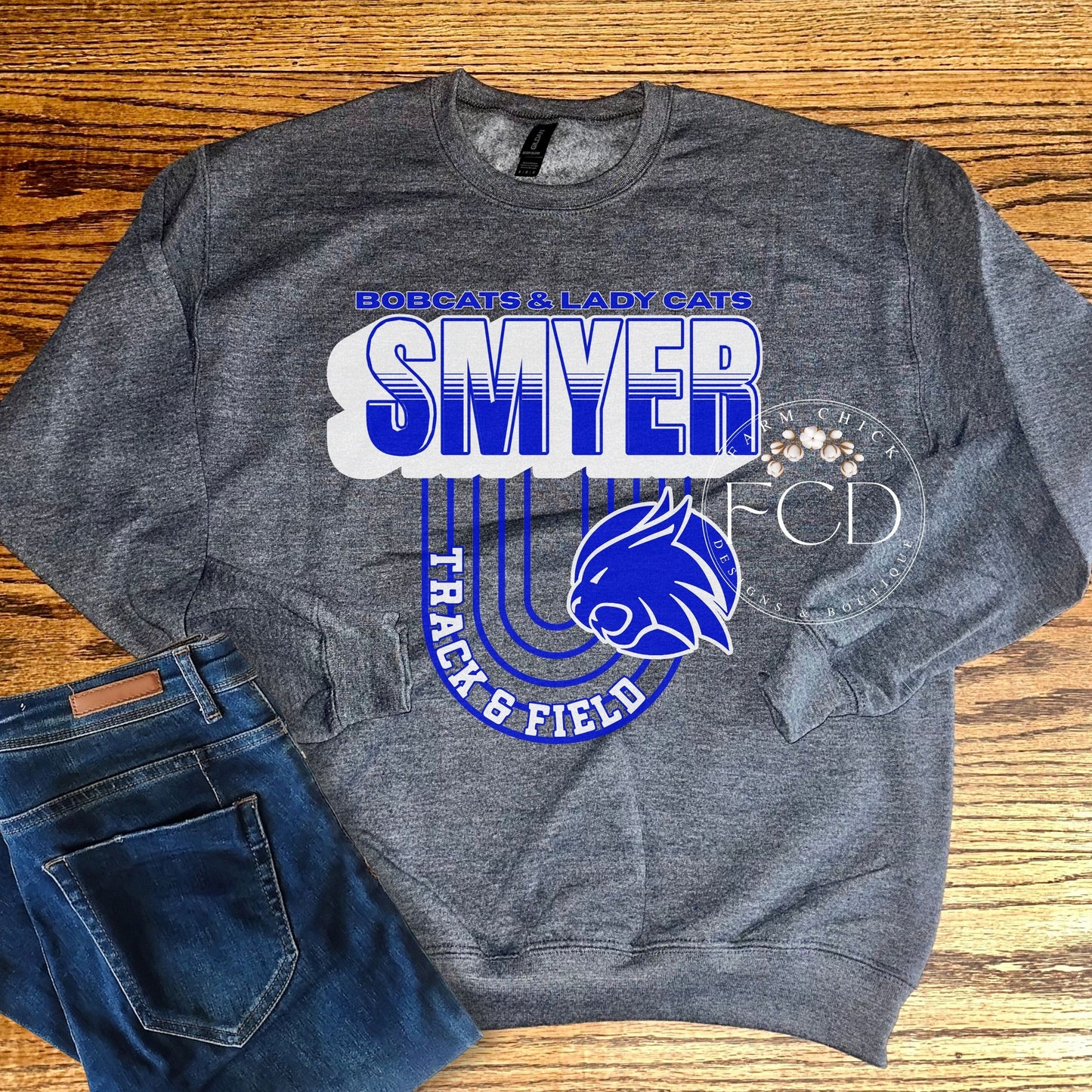 CUSTOM CREWNECK SWEATSHIRT WITH OVERSIZED TRACK AND FIELD PRINT